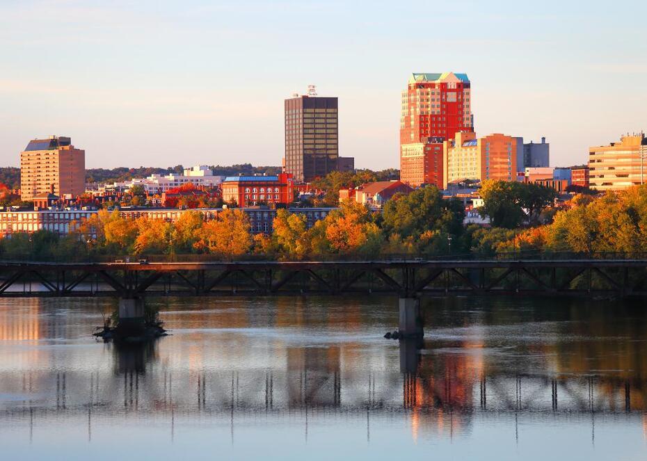 Manchester, New Hampshire skyline in auburn hues during Fall.