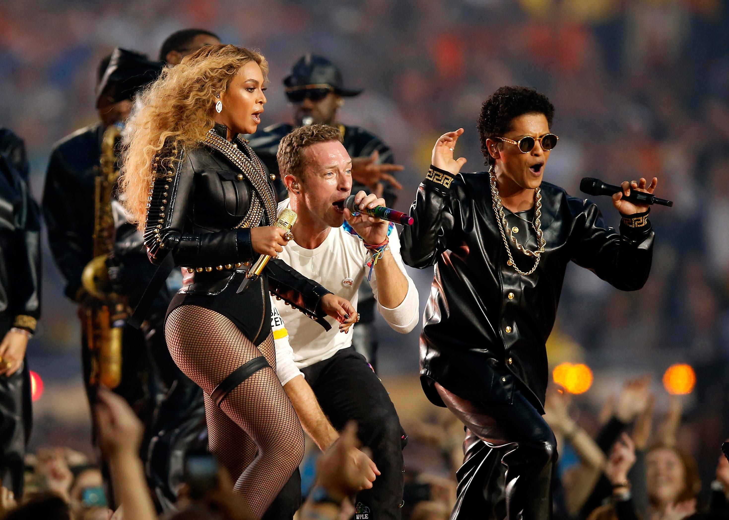Beyonce, Chris Martin of Coldplay and Bruno Mars perform during the Pepsi Super Bowl 50 Halftime Show.
