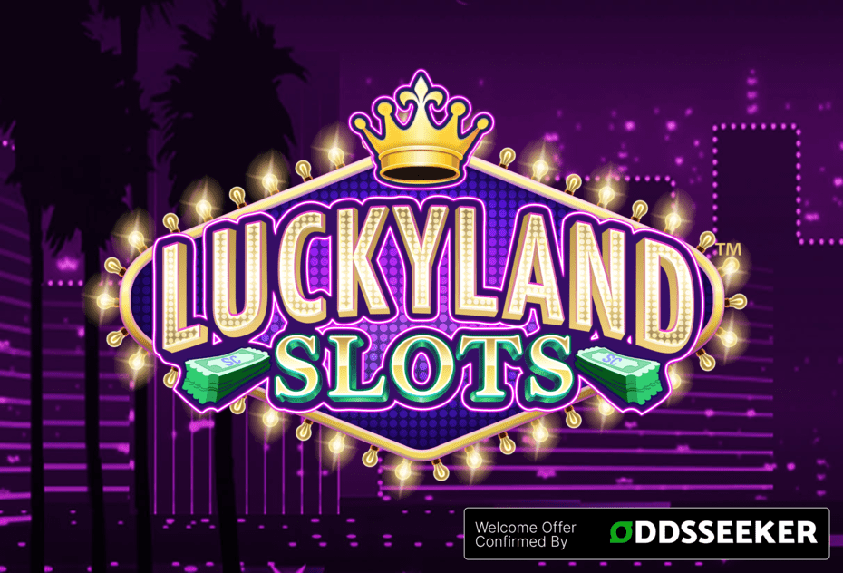 Luckyland Slots casino logo on purple background with OddsSeeker.com approved trust mark