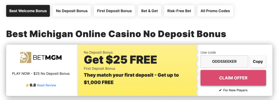 Michigan Online Casino No Deposit Bonus