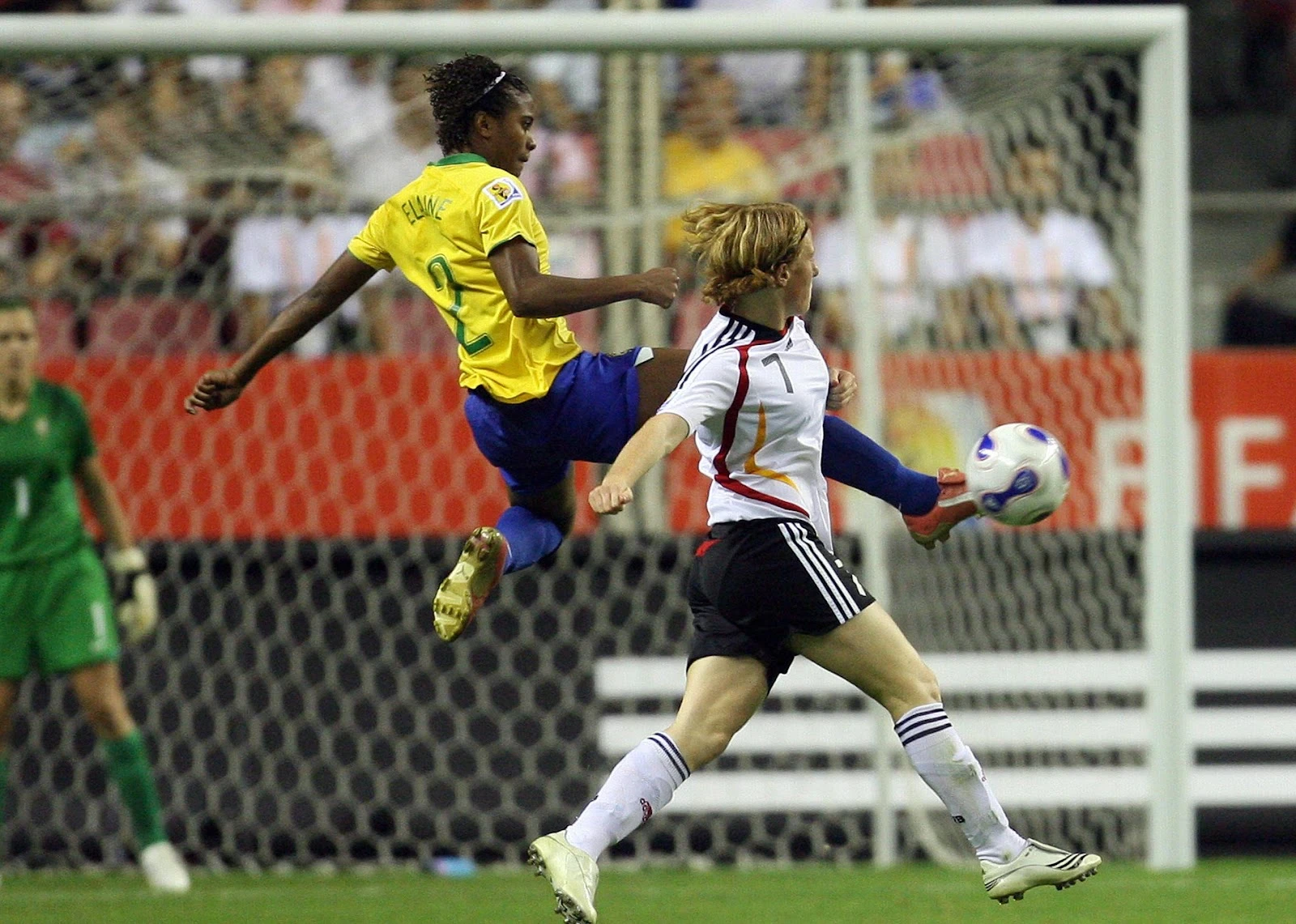 A player from Brazil blocking a shot during their final match against Germany in the FIFA Women's World Cup 2007.