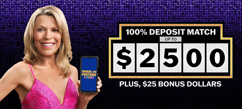 An ad image depicting the Wheel of fortune casino no deposit bonus in new jersey. Vanna White is holding a mobile phone with text on the image next to her