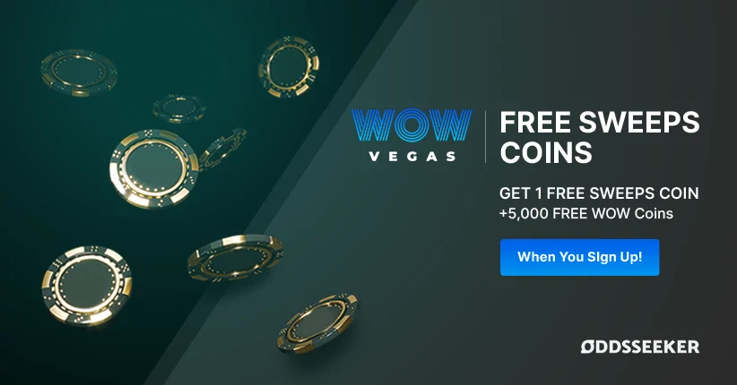 Lists the Wow Vegas Bonus Code text on dark background with casino chips flying through the air